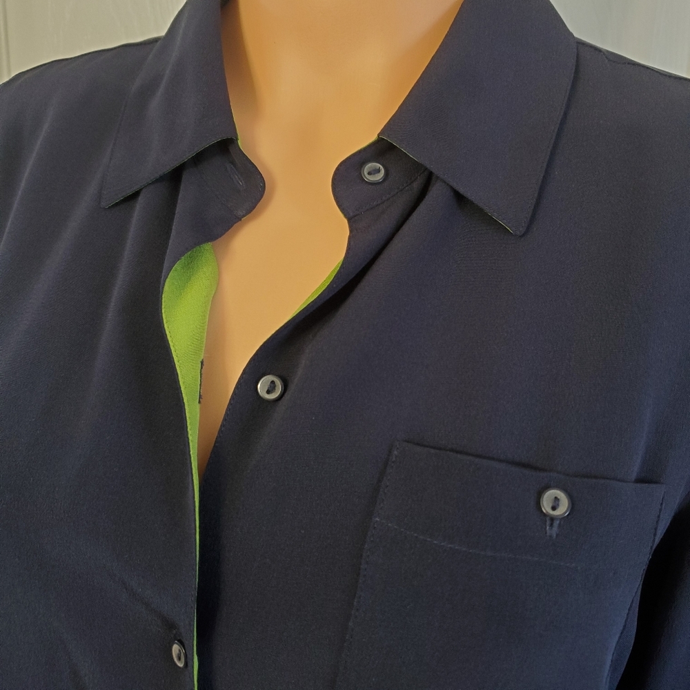 Norton Petites 100% Silk Long Sleeve Button Up Blouse Blue & Green SP